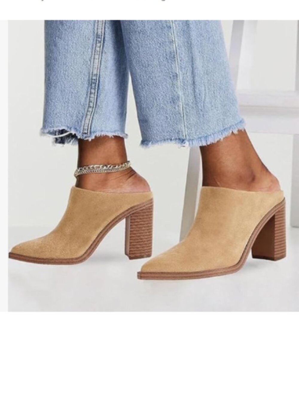 FOWT Camel Pointed Toe Slip On Mules Stacked Block High Heel Sandal Shoes